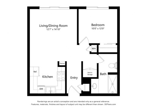 Floor plan for 1 bed, 1 bath, 880 sqft